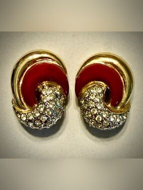 Vintage Signed Vogue Bijoux Gold Plated Red Enamel Pave Rhinestone Clip Earrings